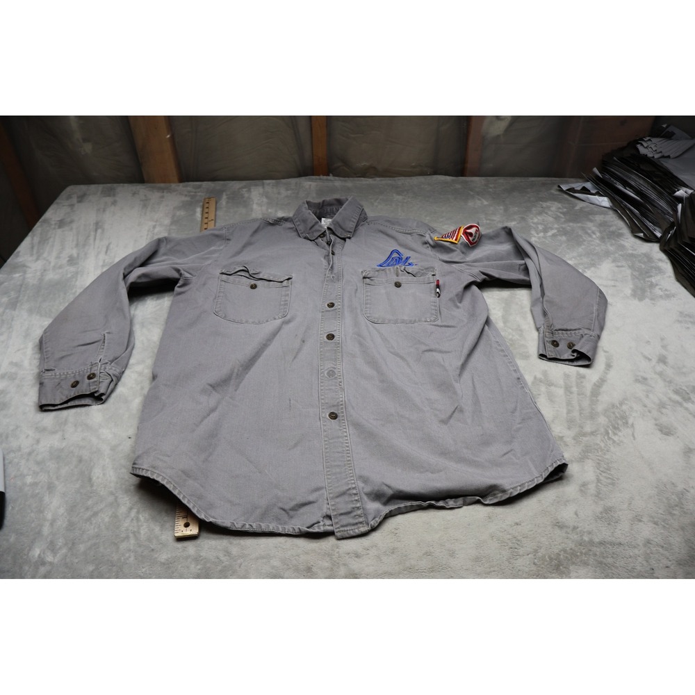 Walls FR Work Shirt Men Large Grey Long Sleeve Fire Resistant Utility Patch LOGO